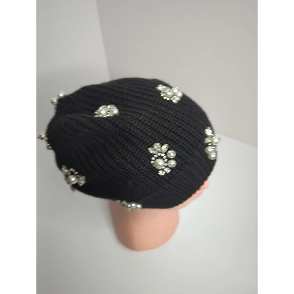 Alice + Olivia Black Wool Beret Knit Hat Rhinestone Slouchy Beanie Whimsigoth